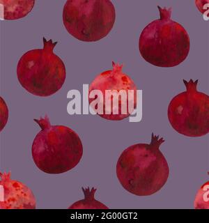 Wasserfarbiger nahtloser Druck mit dunkelroten Granatäpfeln. Muster mit Granatfrüchten. Stockfoto