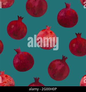 Wasserfarbiger nahtloser Druck mit dunkelroten Granatäpfeln. Muster mit Granatfrüchten. Stockfoto