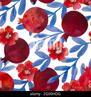 Aquarell-Nahtloses Muster mit Granatapfelblüten und Ästen. Handbemalte Illustration. Stockfoto