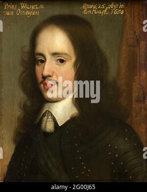 Porträt von Wilhelm II., Prinz von Oranien. Porträt Willems II. (1626-50), Prinz von Oranien. Büste nach links, in Rüstung. Kopie zum Porträt von Gerard van Honthorst aus dem Jahr 1647 (SK-A-871). Teil der Porträtserie aus dem Stadshaderel Hof in Leeuwarden. Stockfoto
