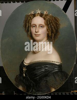 Porträt von Sophia Frederika Mathilda (1818-77), Prinzessin von Württemberg. Porträt von Sophia Frederika Mathilda (1818-77), Prinzessin von Württemberg, erste Ehefrau von Willem III., König der Niederlande. Büste nach links, Gesicht und Gesicht. Auf dem Kopf eine Krone mit Sternen. Antwort auf das Porträt von 1863 in der Stiftung Historische Sammlungen des Oranje-Nassau-Hauses in Den Haag. Stockfoto