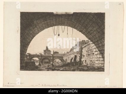 Blick auf Pont-Neuf von unter Bow Pont-au-Change in Paris; Le Pont Neuf et La Samaritaine De Dessous La Première Arche du Pont Au Change. Blick auf den Pont-Neuf und das Pumpengebäude La Samaritaine von unterhalb des ersten Bogens des Pont-au-Change in Paris. Stockfoto