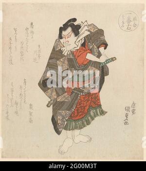 Erste rechts - frische Wellen: Bandô Mitsugoro III in der Rolle von Tawara Matatarô; Ichiban Migi - Suzunami; EIN Vergleich der Hummer; Niwatori Awase. Der Schauspieler Bandô Mitsugorô III (1775-1832), von vorne gesehen, die Hände am Griff seines Schwertes. Plevieren auf Kleidung beziehen sich auf das Jahr des Vogels 1825 und werden mit Wasser in Verbindung gebracht. Die diamantförmige Waffe (mon) stammt vom Schauspieler. Stockfoto