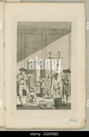 Patriotsche Beschttyd, 1784. Der Hertog van Brunswijk hängt als Genus-Schwein kopfüber an einer Leiter. Ein Patriot quetscht sich in die Blase, aus der Wein auf den Boden läuft, ein Hund (der Prinz) leckt die Flüssigkeit. Auf der rechten Seite ein weiterer Patriot mit dem Herzen des Herzogs in der Hand. Kaat Mossel weist auf den Leichnam hin, in dem die Genitalien des Mannes fehlen. Gebet in der Broschüre Patriotsche Beschttyd, 1784. Stockfoto