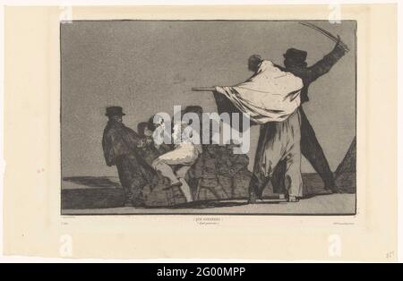 Dieser Soldat!; ¡Que Guerrero! (Quel Guerrier); Disperate conocido (die bekannte Dummheit); Disperate disparates (die Torheiten); Los Proverbios (die Sprichwörter). Zwei gekleidete Holzfiguren, auf der Rückseite gesehen, stehen vor einer Gruppe von Menschen. Der Frontjunge zeigt seinen Rücken auf den beiden Figuren, ein anderer macht die corna-Geste mit seiner Hand. Eine der vier zusätzlichen Platten, die für die Serie hergestellt wurden. Stockfoto