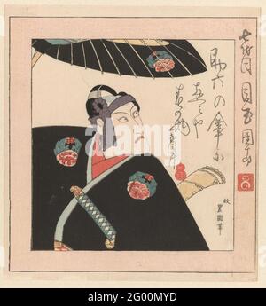 Schauspieler ichikawa danjûrô VII; Danjûrô VII, bekannt als „Augapfel“, Medica; Shichidama Medama Danjûrô; Danjûrô Familie der Kabuki-Schauspieler. Der Kabuki-Schauspieler Danjurô VII in der Rolle von Sukeroku: In einem schwarzen Kimono mit zwei rot-blauen Blumen auf den Schultern geschmückt. Unter einem schwarzen Sonnenschirm. (Der Druck ist dem Schauspieler gewidmet) Stockfoto