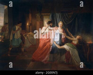 Proculeius verhindert, dass Cleopatra selbst abbbing kann. Der Innenraum eines ägyptischen Palastes. Cleopatra will auch Selbstmord begehen, nachdem er die Leiche von Antonius gefunden hat, wird aber an ProCuleius gehindert. Stockfoto