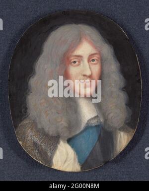 Jacobus II. (1633-1701), der spätere König von England, als junger Mann. Porträt von Jacobus II. (1633-1701), dem späteren König von England, als junger Mann. Büste, rechts. Teil der Portrait miniaturen Kollektion. Stockfoto