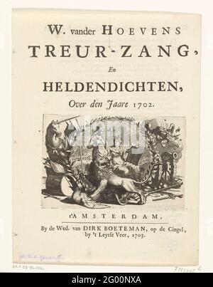 Titelblatt für W. van der Hoeven Treurgesang und Hero Batten, über das Jahr 1702. Titelblatt für W. van der Hoeven Kreur-Gesang und Hero Batten, über das Jahr 1702 ab 1703 mit einer Allegorie auf die alliierten Siege auf die Franzosen im Jahr 1702. Vignette mit Minerva und Freiheit mit einer Landkarte von Europa, im Hintergrund die Seeschlacht in der Bucht von Vigo. Am Rand das englische Einhorn, der deutsche Adler und der niederländische Löwe. Auf der Rückseite das Gedicht: In einem mehr etrener Denkmal des Zeeghoken-Jahres 1702 von Van der Hoeven. Stockfoto