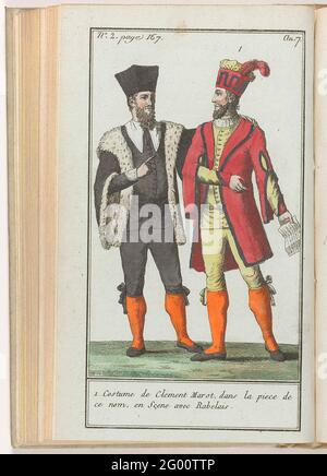 Der Monat, historische, literarische und kritische Zeitung, mit Zahlen, Band 1, Nr. 2, Seite 167, Ein. 7 (1798-1799): 1. Clement Mirot .... Twee Theaterkuums. Volgens Het Onderschrift: 1. Kostuum Van Clement Marot, 'im Zimmer dieses Namens', in een Sçene met Rabelais. Prat UIT Het Tijdschrift der Monat: Historische, literarische und kritische Zeitung mit Zahlen, Jahrgang 7 im Jahr 8 (1798-1800). Stockfoto