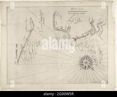 Seekuchen der englischen Küste bei Duins, 1639. Karte der englischen Küste bei Duins, Standort der Seeschlacht bei Duins zwischen der spanischen Armada, unter dem Kommando von Antonio de Oquendo und der Staatsflotte unter Maarten Harpertsz. Tromp, 21. Oktober 1639. Links die flämische und nordfranzösische Küste zwischen Ostend und Calais, rechts die englische Küste zwischen Hythe und Gravesend. Mit dem Sandbone vor der Küste, aber vor der spanischen und der staatlichen Flotte. Stockfoto