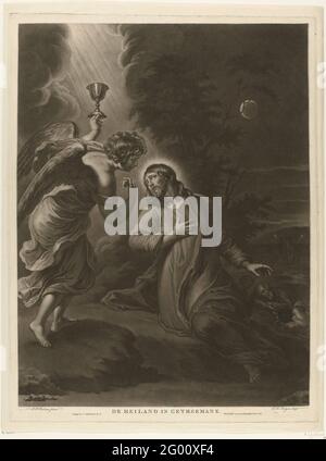 Christus am Hof von Getemane; der Erlöser in Gethsemane .. Christus betet zu Gott im Hof von Getemane und bekommt eine Vision. Ein Engel erscheint am Wolkenhimmel mit einem Ziel. Im Hintergrund lügen zwei seiner Schüler in den Schlaf. Stockfoto