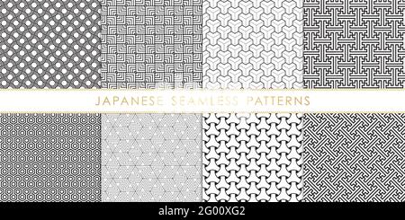 Set von abstrakten geometrischen japanischen nahtlose Muster schwarz und weiß.Asian traditionellen Hintergrund-Design für dekorative, Tapete, Kleidung, Verpackung Stock Vektor