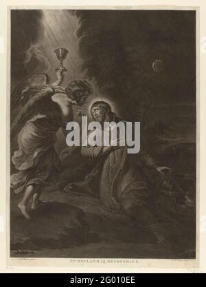 Christus am Hof von Getemane; der Erlöser in Gethsemane .. Christus betet zu Gott im Hof von Getemane und bekommt eine Vision. Ein Engel erscheint am Wolkenhimmel mit einem Ziel. Im Hintergrund lügen zwei seiner Schüler in den Schlaf. Stockfoto