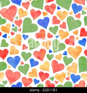 Mehrfarbiger Aquarell-Herzdesign auf weißem Hintergrund Stockfoto