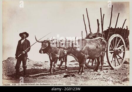 Händler in Kohle mit Ochsen Wagen in Toledo; Tolède - La Charrette de Boeufs des Charbonniers (d'Aprés Natur) .. Teil des Reisealbums mit Bildern von Sehenswürdigkeiten in Spanien und Marokko. Stockfoto