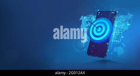 Darts zielen auf das Smartphone-Display. Das Konzept des Erfolgs, der Zielerreichung und in Richtung und Entwicklung eines Unternehmens, Startups oder einer mobilen App Stock Vektor