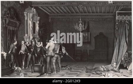 Fotoreproduktionen von Gemälde von Paul Delaroche: Assassinat du Duc de Guise au Chateau de Blois. Stockfoto