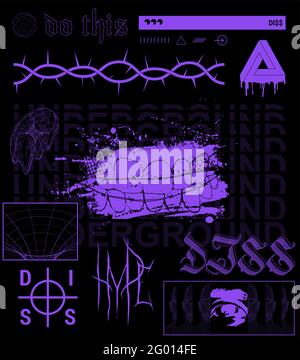 Brutalismus Grafikset. Kollektion Trendy Street Elements für Drucke auf Kleidung, Typografie, Merchandise, T-Shirt, Merch, Poster, Covers, Flyer und Stock Vektor