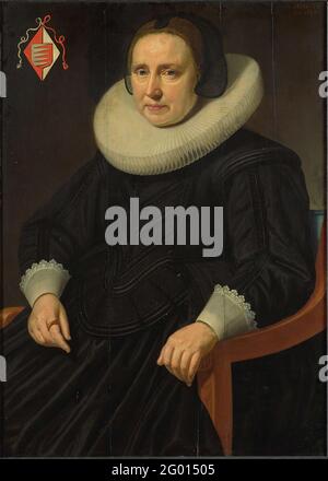 Porträt von Sara Sweerts de Weert, zweiter Ehefrau oder Antonius Antonides van der Linden. Porträt von Sara Sweerts de Weert, der zweiten Ehefrau von Antonius Antonides van der Linden. Auf einem Stuhl sitzend, oben links das Familienwappen. Anhänger von SK-A-1543. Stockfoto