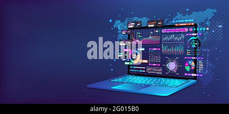Perspektivische Laptop-Position mit Business-Analyse-App-Dashboard. Analyse von Messwerten und Daten, Online-Statistiken, Geschäftsprognosen und Fortschritten Stock Vektor