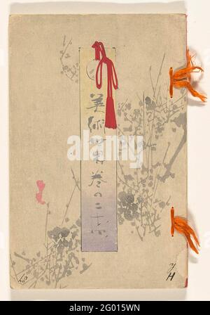Welt der Künste - 24; Bijutsu Sekai - 24. Weißer Einband mit Silhouette von Blütenzweigen und gelbviolettem Titelstreifen; Innenteil, Muster von dennigen Zweigen; 16 Blatt, teilweise nummeriert: Erstes Blatt, Inhaltsverzeichnis; zweites Blatt, Faltdruck; 2-13, Bilder von Menschen, Tieren und Landschaften; 1-2; Text; Innenteil des Buchs, Kolophon. Stockfoto