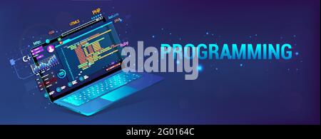 Banner Software-Entwicklung. Programmierung, Website und App Laptop mit Code und UI, UX-Schnittstelle. Entwicklung Software Konzept - Codierung, Testen Stock Vektor