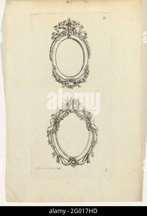 Zwei ovale Bilderrahmen; IIE cahier d'ovales et de medallions pour les bijoux et voitures; Ornamental-Designs für Schmuck und Wagen. Der obere Rahmen ist mit Blumen und einer Schleife verziert. Der untere Rahmen ist mit Blumen, Frauenbüsten und Samenperlen verziert. Ornamentdruck aus Serie B. Stockfoto