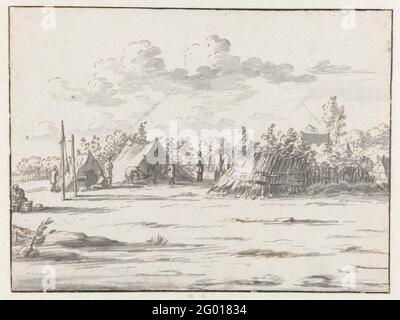 Camping der Armee von Willem III. In Lembeek, 1675. Camping der Armee von Willem III. Im Dorf Lembeek im Hennegau, 2. August 1675. Soldaten und Zelte. Stockfoto