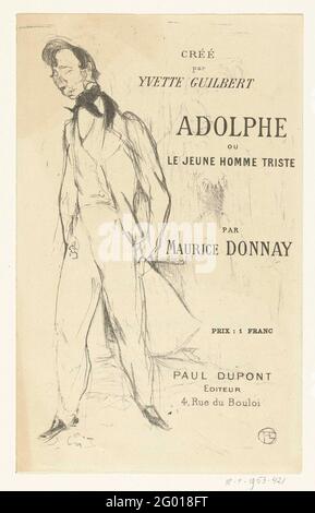 Folder für das Musikmagazin Adolphe Ou Le Jeune Homme Triste mit einem jungen Mann in langer Jacke und französischem Text; Adolphe Ou Le Jeune Homme Triste. Notenmappe Adolphe Ou Le Jeune Homme Triste mit einem jungen Mann in langer Jacke und französischem Text. Die Noten und der Text des Liedes sind auf der Innenseite des doppelt gefalteten Blattes aufgedruckt. Auf der Rückseite befindet sich eine Liste der Ausgaben von Paul Dupont. Stockfoto