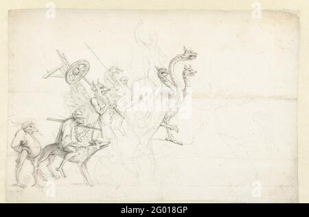 Gruppe fabelhafter Wesen; Studien zur Figuration von Schaufeln. Eine Gruppe von fabelhaften Designs von links erschien, gefolgt von einem dreiköpfigen Tier, auf dem sich ein Krieger befindet. Außerdem ein stehender Teufel mit einem Rad auf einer Achse über der Schulter und einem gerittenen Scharmick auf einer Art Hund. Stockfoto