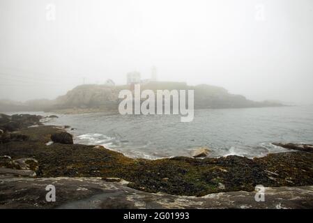 Nubble oder Cape Neddick Lighthouse in Fog Stockfoto