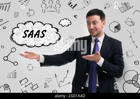 Business, Technologie, Internet und Netzwerkkonzept. Junger Geschäftsmann denkt über die Schritte für erfolgreiches Wachstum nach: SAAS Stockfoto