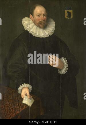 Portrait oder Paulus Cornelisz van Beresteyn (1548-1625), Burgomaster von Delft. Porträt von Paulus Cornelisz van Beresteyn, Bürgermeister von Delft. Kniestück neben einem Tisch stehend, ein gefalteter Brief in der rechten Hand. Rechts im Hintergrund das Familienwappen. Stockfoto