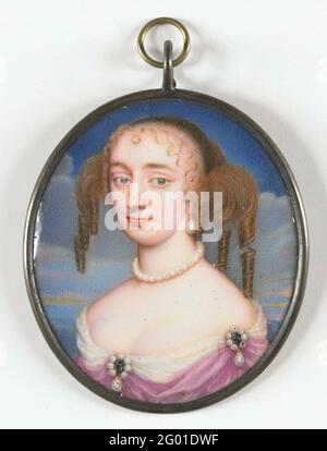 Porträt einer Frau, vielleicht Anne Hyde (1637-71), der ersten Frau von Jacobus II. Von England. Porträt einer Frau, vielleicht Anne Hyde (1637-71), der ersten Frau von Jacobus II. Von England. Büste nach links, angesehen. Teil der Portrait miniaturen Kollektion. Stockfoto