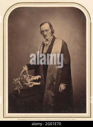 Porträt des englischen Biologen Sir Richard Owen (1804-1892), die Hand auf einem Tierschädel ruhend. Stockfoto