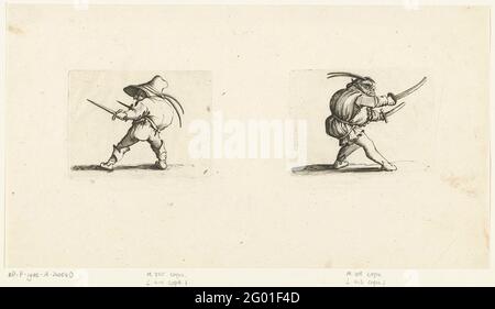 Zwerg mit zwei Dolchen; Groteske-Figur mit zwei Schwertern; Variee-Figur Gobbi Di Jacopo Callot; verschiedene groteske Figuren; Zwerge und Eis. Links: Zwerg, mehr oder weniger links zu sehen, mit einem gedemütigen Rücken, einem Hut mit zwei Federn auf dem Kopf, in der rechten Hand und einem Dolch in der linken Hand. Rechts: Groteske-Figur, rechts gesehen, mit Buckelrücken, einer Kappe mit zwei Federn am Kopf, in der rechten Hand und einem Schwert in der linken Hand. Diese beiden Drucke, Seite an Seite auf 1 Blatt, sind Teil einer Serie von 21 Drucken (gepresst auf 11 Blatt, so M..v. Der Titeldruck immer 2 Platten pro Blatt) mit grotes Stockfoto