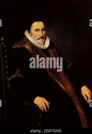 Porträt von Cornelis Pietersz Hooft. Porträt von Cornelis Pietersz Hooft (1546-1626), Bürgermeister von Amsterdam. Kniestück, sitzend in einem Sessel, in einem Fell gefüttert. Anhänger im Amsterdamer Historischen Museum (A23544) Stockfoto