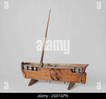 Modell eines Schiffs mit Schaufelrädern mittschiffs. Skizzenmodell eines Schiffes mit Planschrädern. Das Modell ist ein Nestmodell auf Steuerbord, nur zwei große Dosen werden auf Port aufgebracht. Das Schiff hat zwei Decks. In der Länge ist das Schiff in zwei Hälften geteilt, wobei unter einem Graben vom Heck, in dem zwei übereinander platzierte Rollenräder platziert sind. Der Mechanismus wird von einer Kurbelwelle angetrieben, die auf den Anschluss zwischen den Traversen aufgebracht wird. Die höhenverstellbaren Paddelräder verfügen über löffelförmige Schaufelräder und ein flaches Zahnrad auf beiden Seiten; die Kurbelwelle treibt zwei parallele Zahnräder an Stockfoto