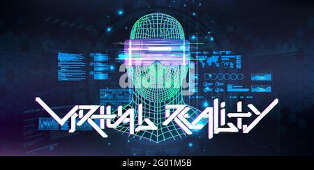 Virtual Reality Cyberspace mit Human- oder AI-Hologramm. 3D Polygon Kopf eines Mannes mit Virtual-Reality-Brille mit HUD, GUI-Schnittstelle. Futuristisches Banner Stock Vektor