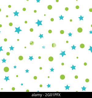 Einfaches minimalistisches Nahtloses Muster mit grünen Bubble-Kreisen und blauen Sternen. Stock Vektor