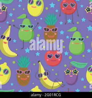 Niedliches, nahtloses Muster mit Zeichentrickfiguren in Sonnenbrillen, Avocado, Banane, Ananas, Zitrone und Apfel. Stock Vektor