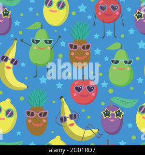 Niedliches, nahtloses Muster mit Zeichentrickfiguren in Sonnenbrillen, Avocado, Banane, Ananas, Zitrone und Apfel. Stock Vektor