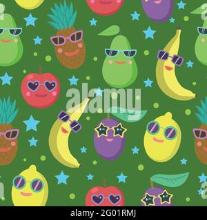 Niedliches, nahtloses Muster mit Zeichentrickfiguren in Sonnenbrillen, Avocado, Banane, Ananas, Zitrone und Apfel. Stock Vektor