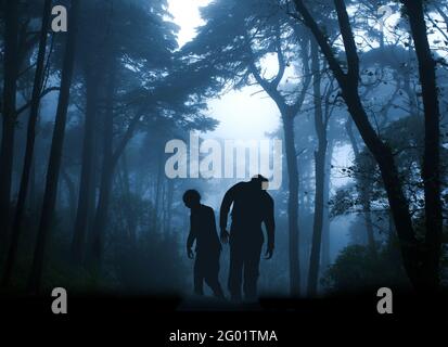 Horizontales Banner mit zwei Zombies in einer geheimnisvollen Landschaft aus nebligen Wäldern. Halloween-Szene mit wandelbarer Totes. Zombie-Apokalypse. 3d-Rendering Stockfoto