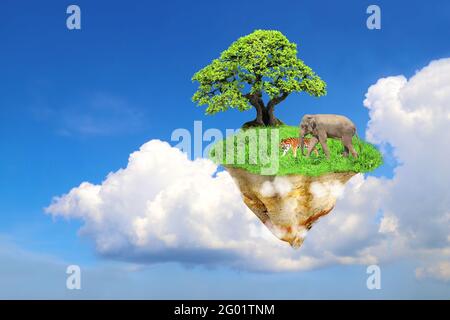 Konzept des Naturparks. Flying Island. Fantasy schwimmende Insel mit grünem Gras, Baum, wilden Tieren - Tiger und Elefant. Schonen Sie die Tierwelt. Paradies Stockfoto