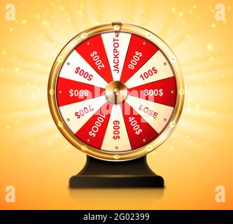 Goldenes Glücksrad für Lotteriespiel oder Casino. Chance, den Preis in Lucky Roulette zu gewinnen. Vektor realistische Illustration von Gold Vermögen Rad mit Geldzahlen und Jackpot auf glänzendem Hintergrund Stock Vektor