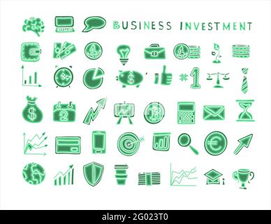 Symbole für Finanzanlagen. Vektor handgezeichnete finanzielle Symbole. Eine große Menge von Bildern für Unternehmen. Stock Vektor
