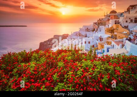 Sonnenuntergang über der Stadt Oia auf der Insel Santorini im Sommer. Santorini, Griechenland Stockfoto