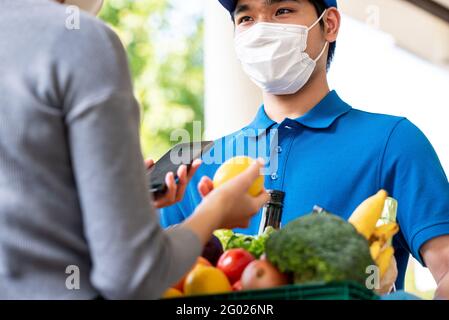 Hygienischer asiatischer Lieferer, der Gesichtsmaske trägt, während er Lebensmittel an den Kunden zu Hause liefert, und die Lieferung von Lebensmitteln in der Zeit des Pandemiekonzepts Stockfoto